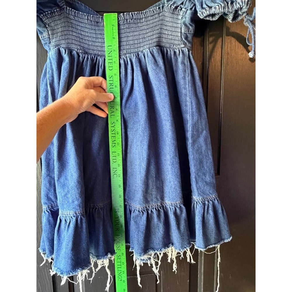 Olivaceous Blue Denim Puff Sleeve Babydoll Mini Dress Frayed Hem Sweetheart Neck - Picture 10 of 10